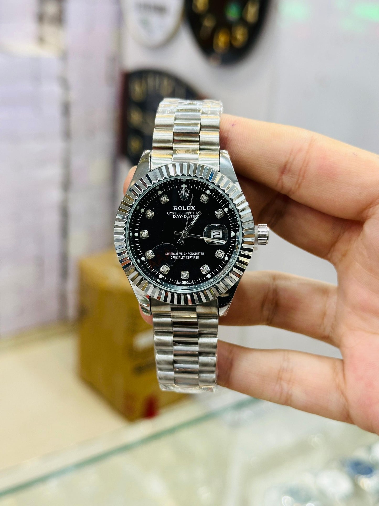 Rolex Day-Date Silver Black Ombre Dial – Premium AAA Replica Watch for Men in Pakistan